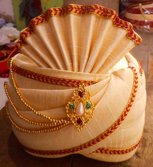 Cream Color Pagdi With Gold Color Pearls